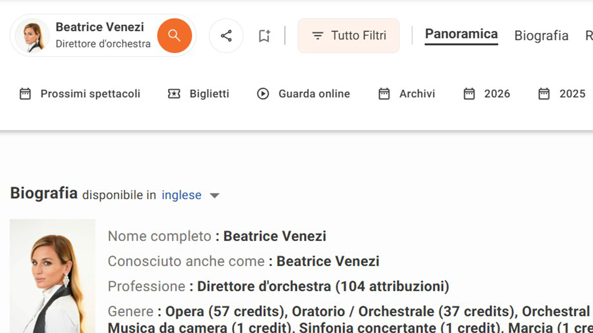 Il curriculum pubblico di Beatrice Venezi su OperaBase